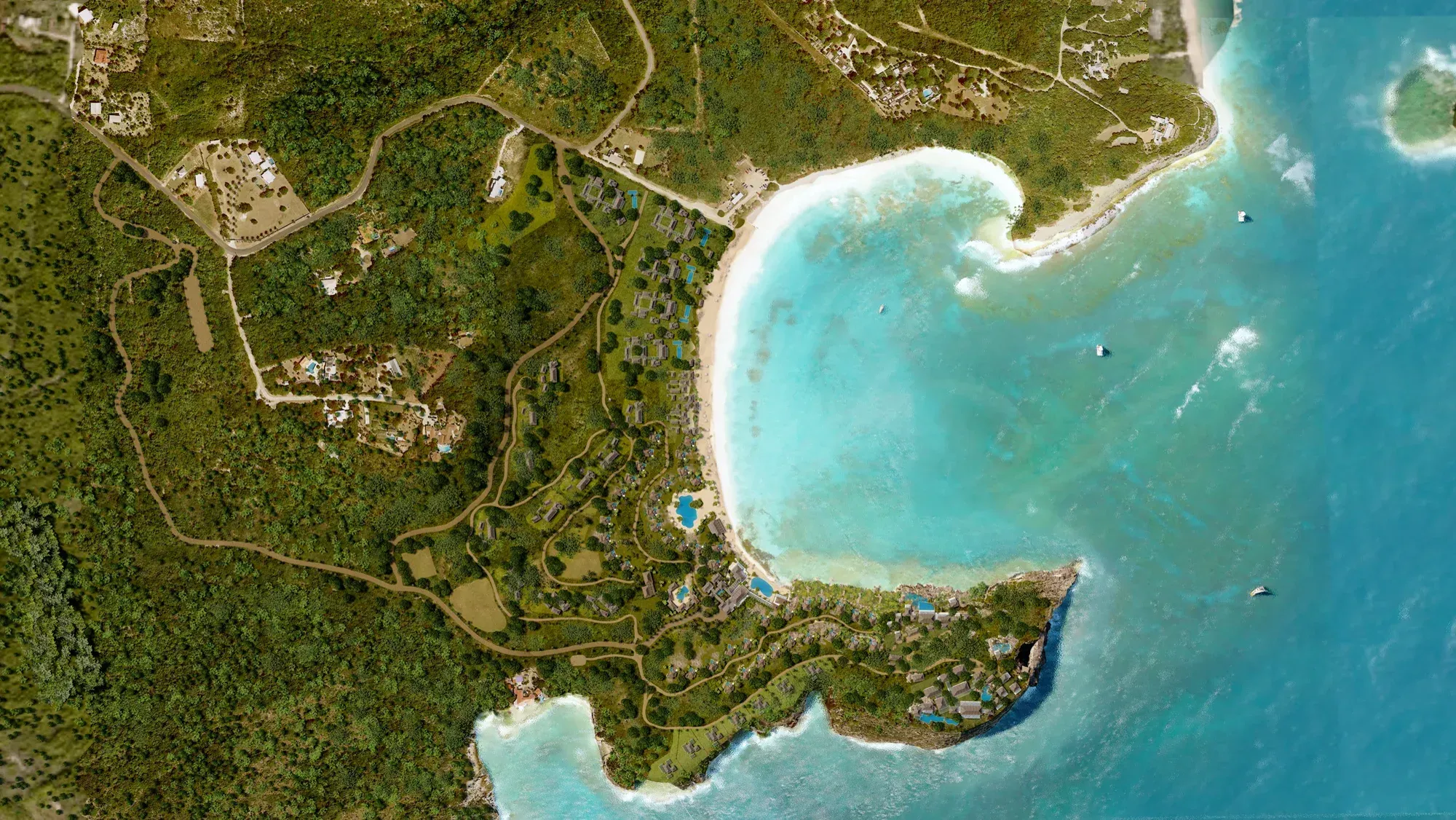 The site from directly above: pavilions among the trees along the beach and the point