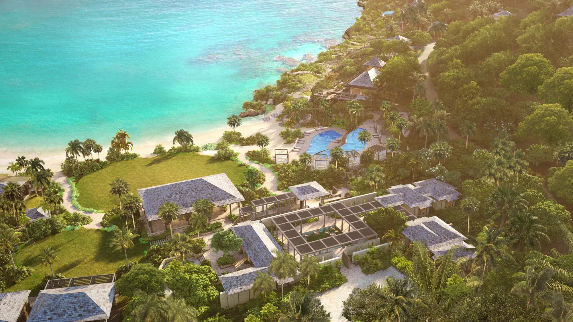 The spa from the air: pavilions around a courtyard, the pools and the beach beyond