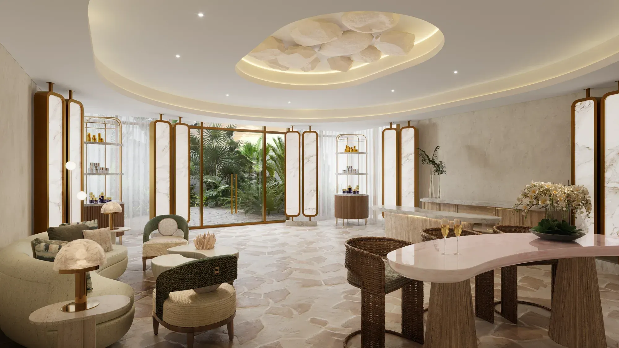 The spa lounge: a rose marble table, wicker chairs, an oval of alabaster overhead