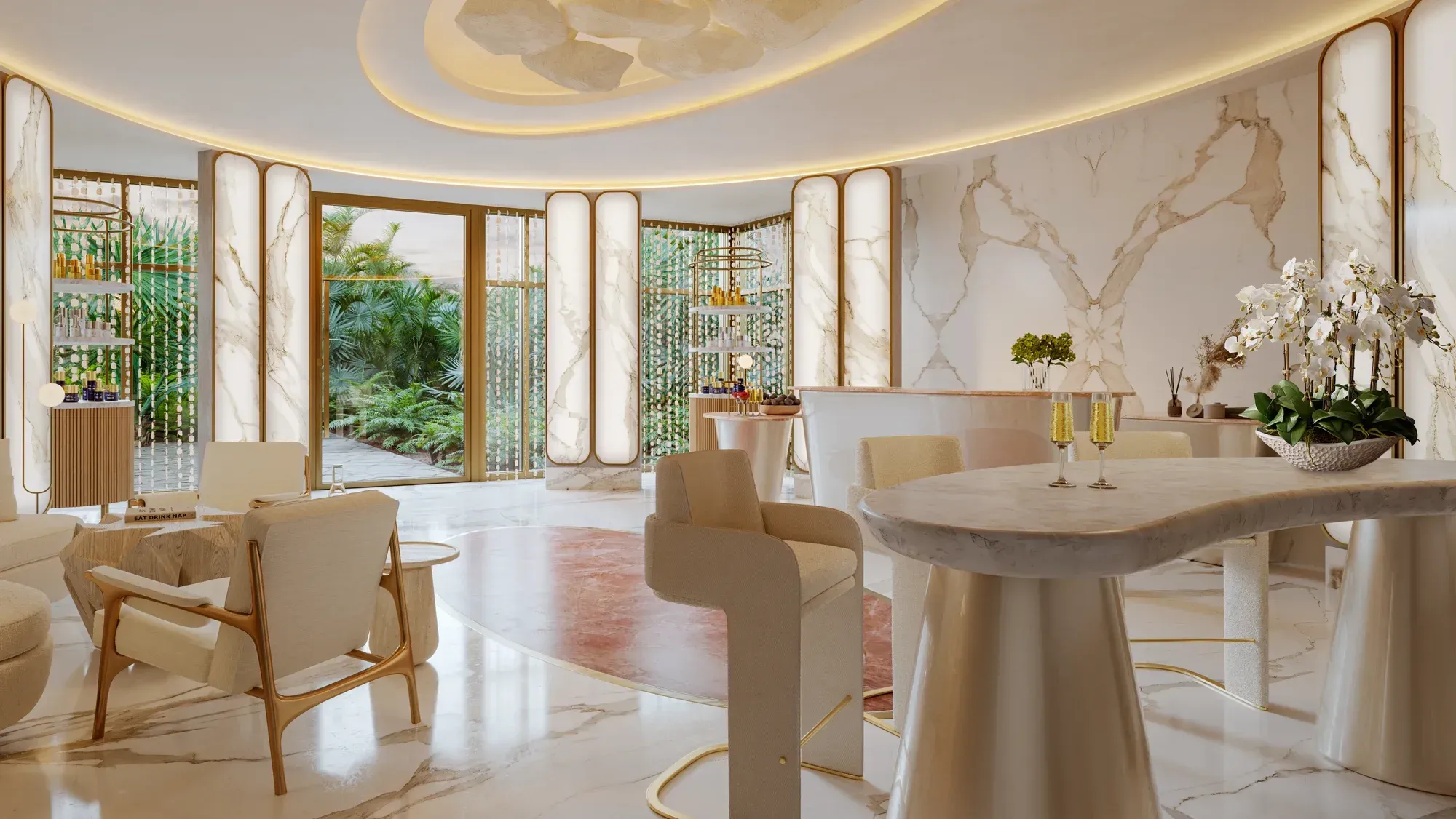 The spa lounge: a curved marble bar, cream armchairs, lit alabaster panels and a garden through the glass