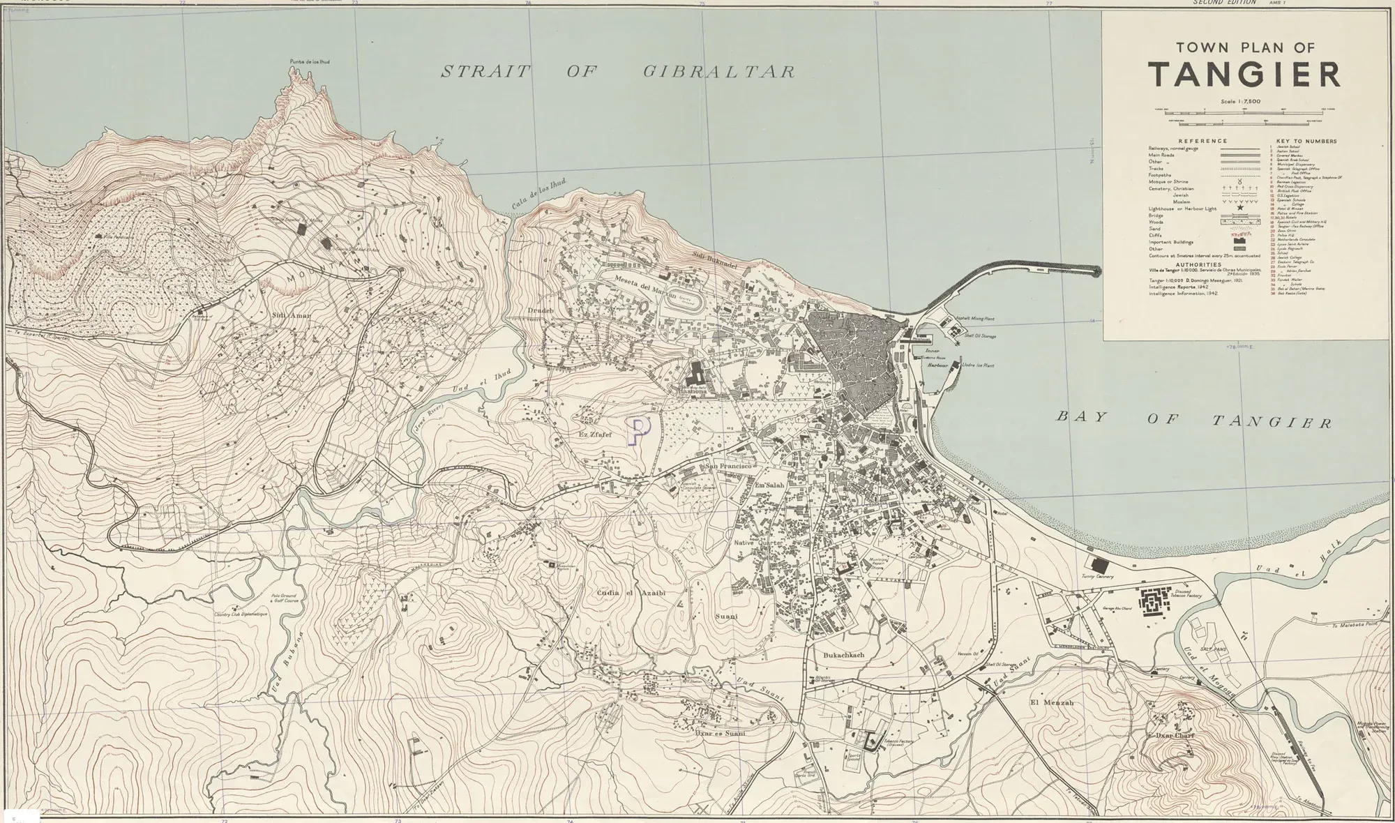 A printed town plan of Tangier on the Strait of Gibraltar, contours across the hills