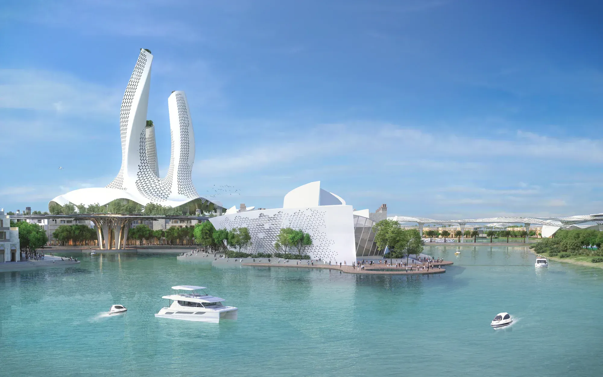 The white towers and pavilion across the lagoon in daylight, boats on the water