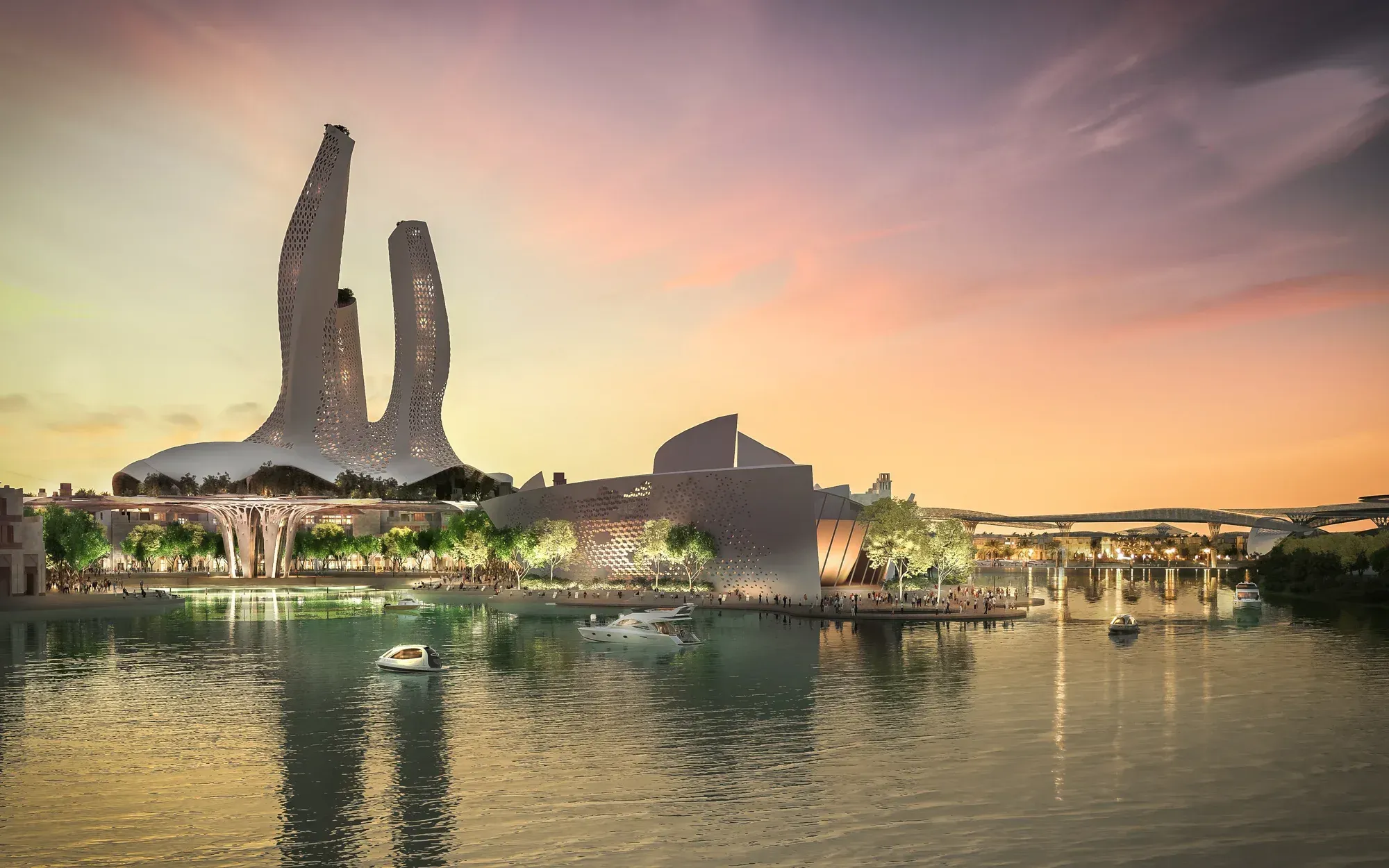 The towers and a faceted pavilion across the water at dusk, a bridge beyond
