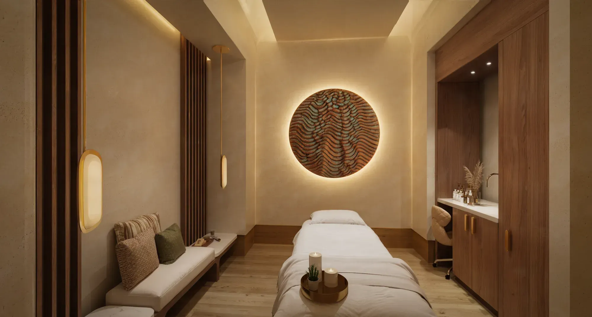 A treatment room: a lit disc of woven fibre over the bed, timber and plaster