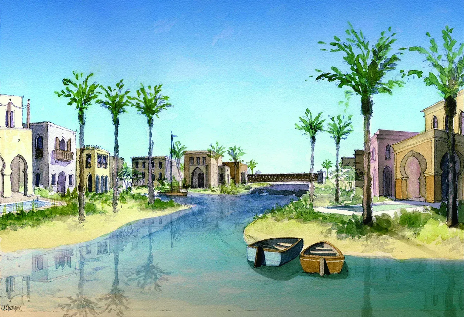 Watercolour of houses along a canal, two boats drawn up on the sand