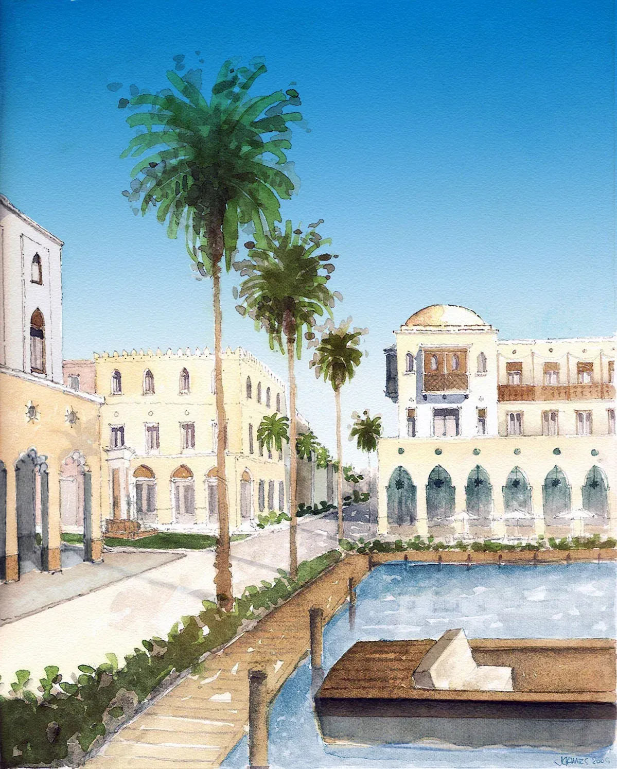 Watercolour of a marina quarter: arcaded buildings, palms and a boat at the quay